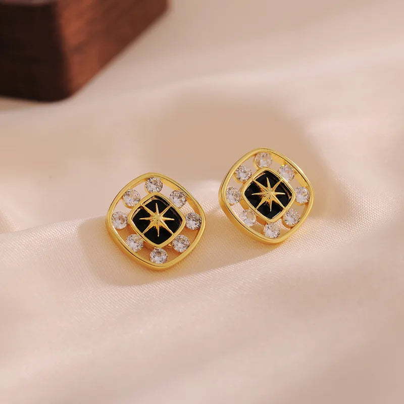 1 Pair Simple Style Streetwear Square Star Hollow Out Inlay Copper Rhinestones Zircon 18K Gold Plated Ear Studs