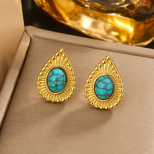 1 Pair Simple Style Water Droplets Inlay Titanium Steel Turquoise Opal Pearl 18K Gold Plated Ear Studs