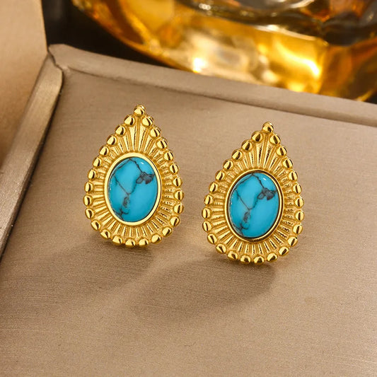 1 Pair Simple Style Water Droplets Inlay Titanium Steel Turquoise Opal Pearl 18K Gold Plated Ear Studs