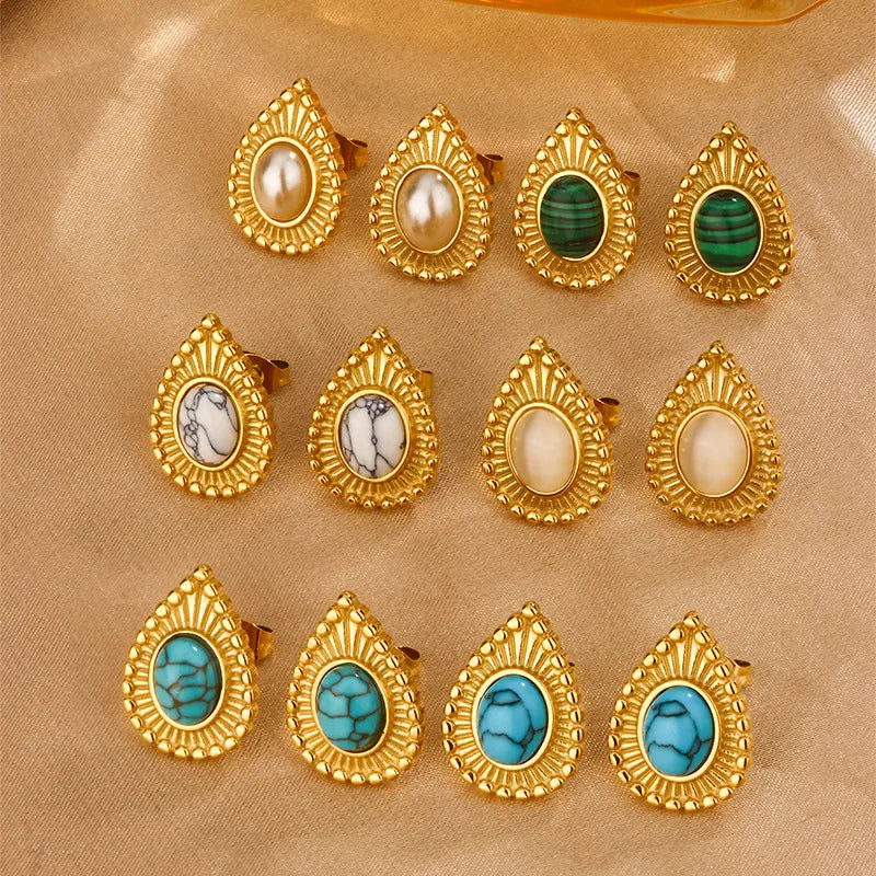 1 Pair Simple Style Water Droplets Inlay Titanium Steel Turquoise Opal Pearl 18K Gold Plated Ear Studs