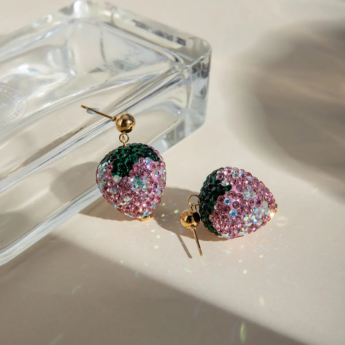 1 Pair Sweet Artistic Strawberry Inlay 304 Stainless Steel Rhinestones 18K Gold Plated Drop Earrings