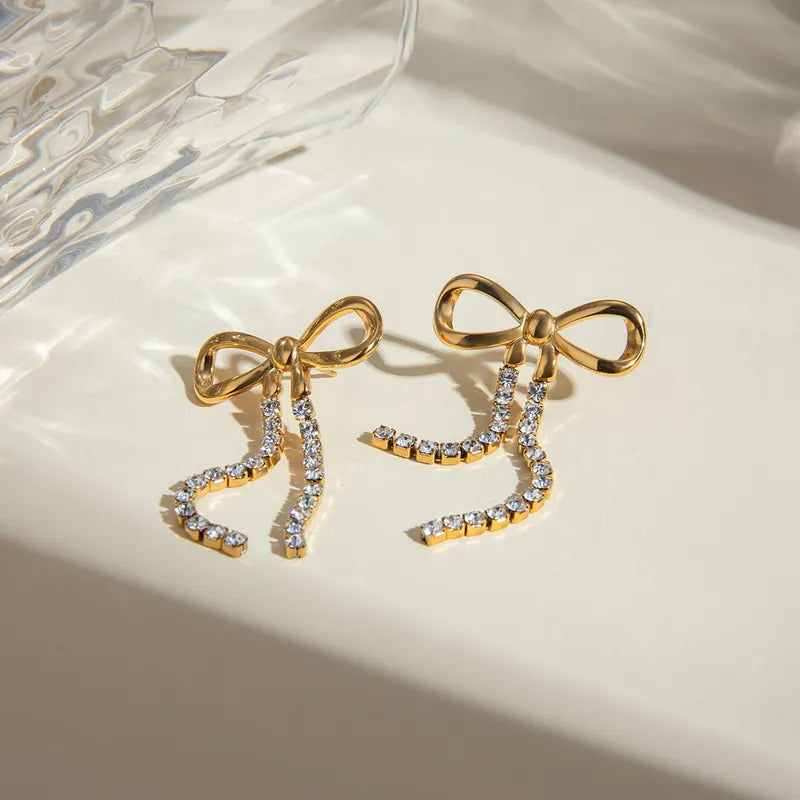 1 Pair Sweet Bow Knot Inlay 304 Stainless Steel Rhinestones 18K Gold Plated Drop Earrings