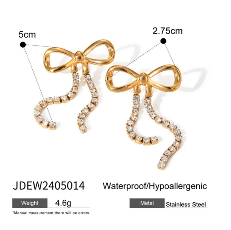 1 Pair Sweet Bow Knot Inlay 304 Stainless Steel Rhinestones 18K Gold Plated Drop Earrings