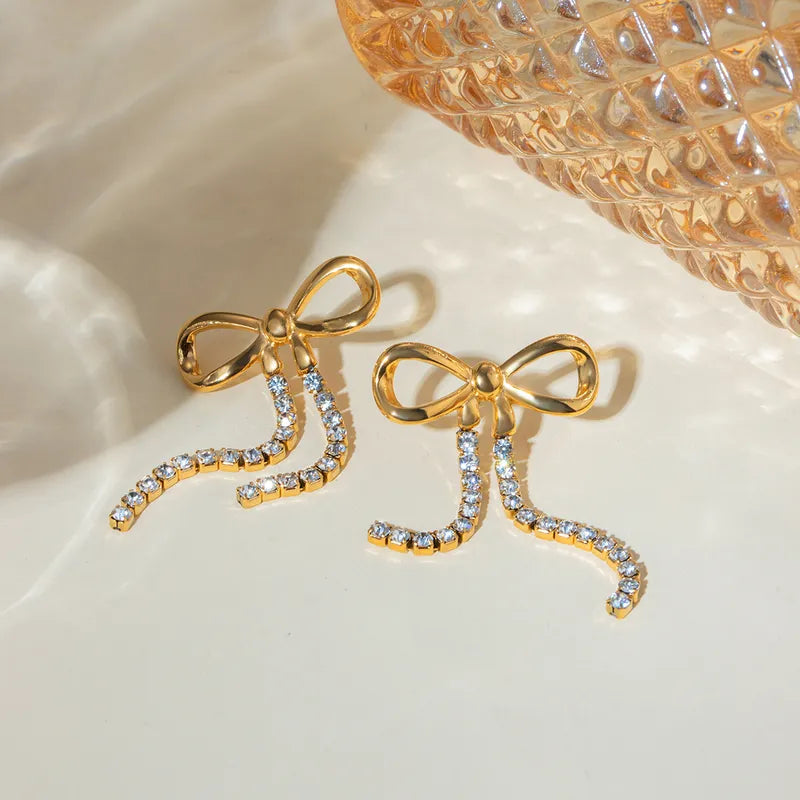 1 Pair Sweet Bow Knot Inlay 304 Stainless Steel Rhinestones 18K Gold Plated Drop Earrings