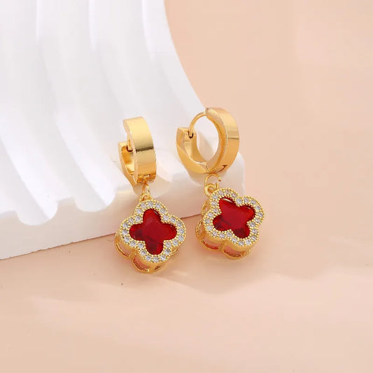 1 Pair Sweet Four Leaf Clover Square Plating Inlay Stainless Steel Zircon Earrings