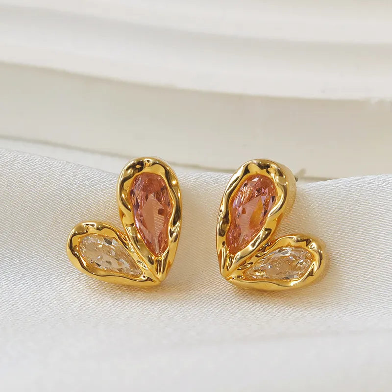 1 Pair Sweet Heart Shape Inlay Copper Zircon 18K Gold Plated Ear Studs