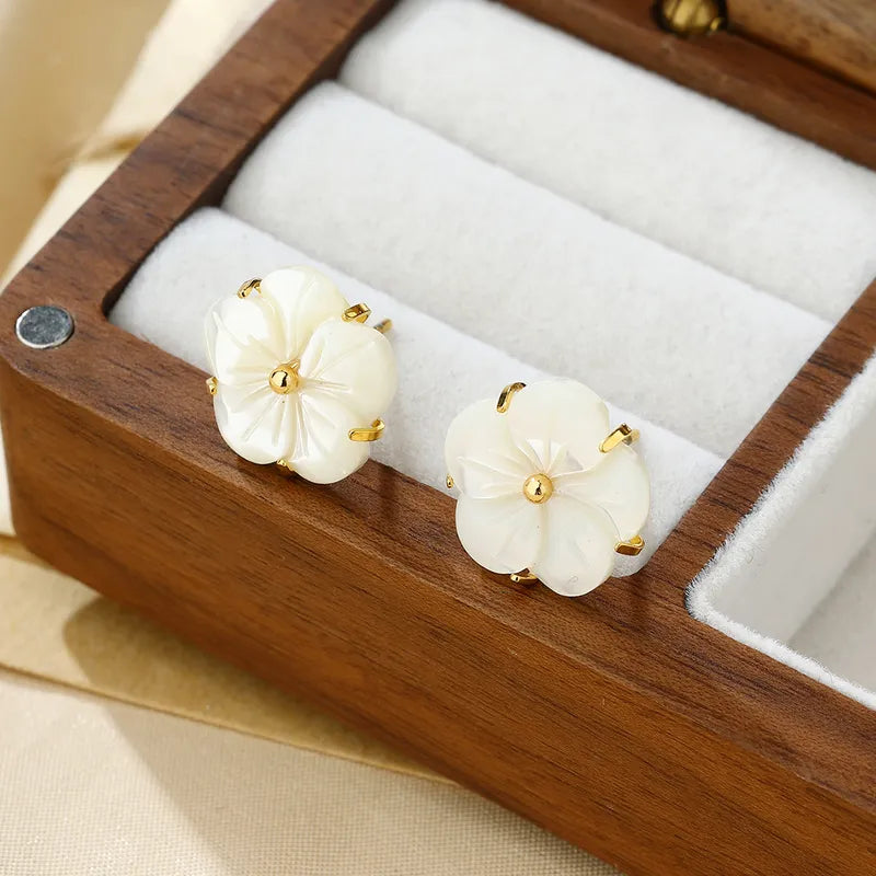 1 Pair Sweet IG Style Flower Inlay 304 Stainless Steel Shell 18K Gold Plated Ear Studs