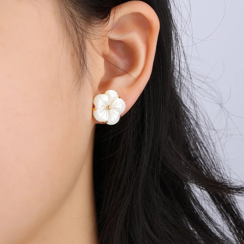 1 Pair Sweet IG Style Flower Inlay 304 Stainless Steel Shell 18K Gold Plated Ear Studs