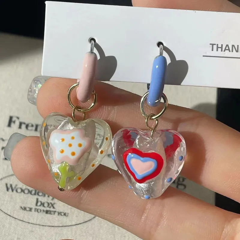 1 Pair Sweet Korean Style Heart Shape Enamel Plating Glass Drop Earrings