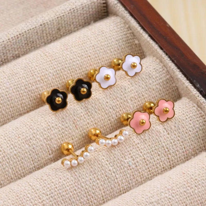 1 Pair Sweet Simple Style Flower Enamel Inlay Titanium Steel Pearl 18K Gold Plated Ear Studs