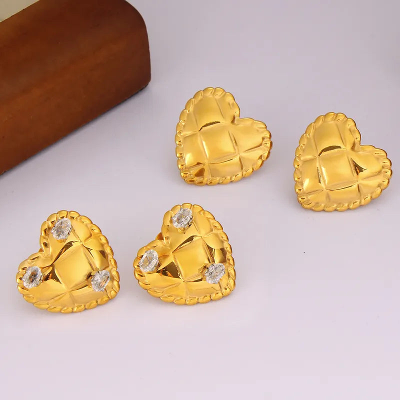 1 Pair Sweet Simple Style Heart Shape Inlay 304 Stainless Steel Zircon 18K Gold Plated Ear Studs