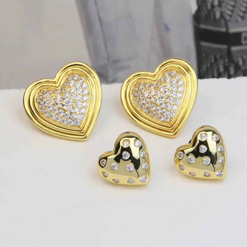 1 Pair Sweet Simple Style Heart Shape Inlay Copper Zircon 18K Gold Plated Ear Studs