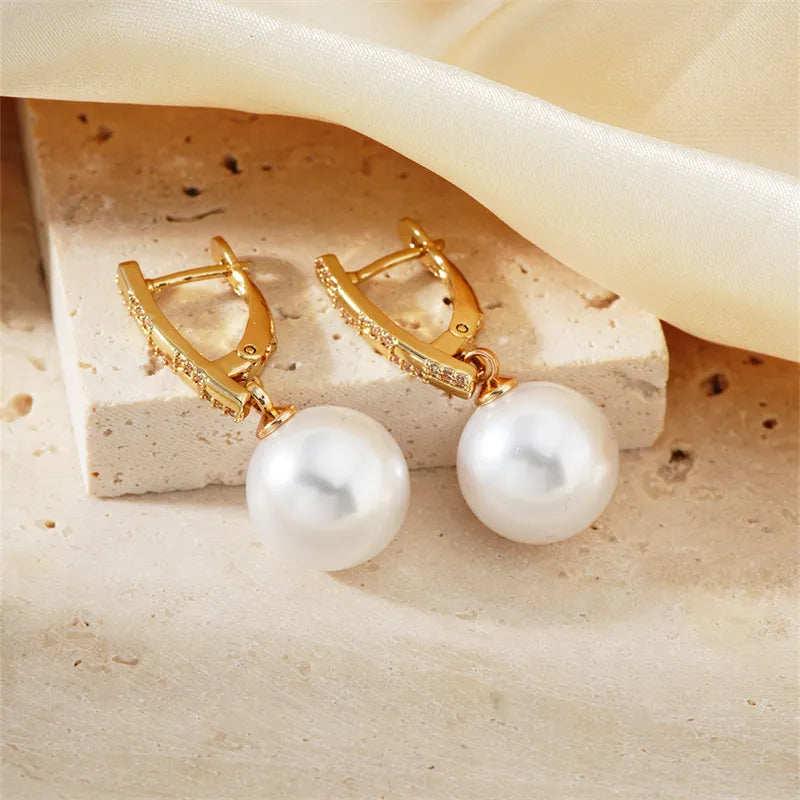 1 Pair Sweet Simple Style Round Plating Inlay Copper Pearl K Gold Plated Rhodium Plated Drop Earrings