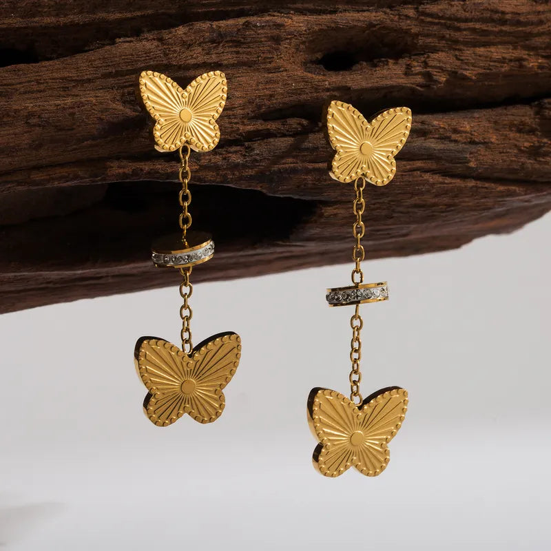 1 Pair Sweet Solid Color Butterfly Snake Chain 304 Stainless Steel 18K Gold Plated Drop Earrings