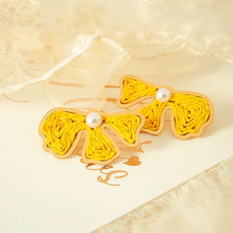 1 Pair Vacation Beach Flower Plating Inlay Stainless Steel Raffia Pearl Gold Plated Ear Studs