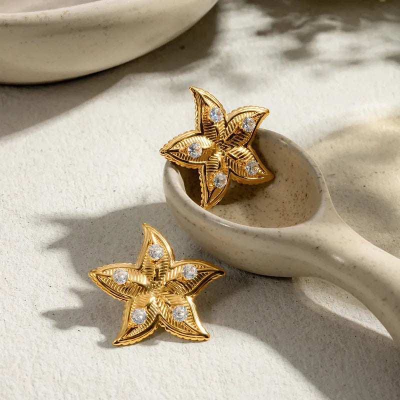 1 Pair Vacation Beach Starfish Plating Inlay 304 Stainless Steel Zircon 18K Gold Plated Ear Studs