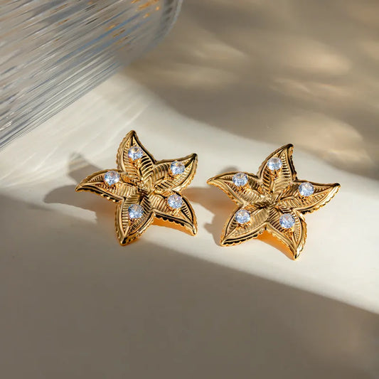 1 Pair Vacation Beach Starfish Plating Inlay 304 Stainless Steel Zircon 18K Gold Plated Ear Studs