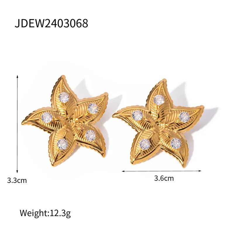 1 Pair Vacation Beach Starfish Plating Inlay 304 Stainless Steel Zircon 18K Gold Plated Ear Studs