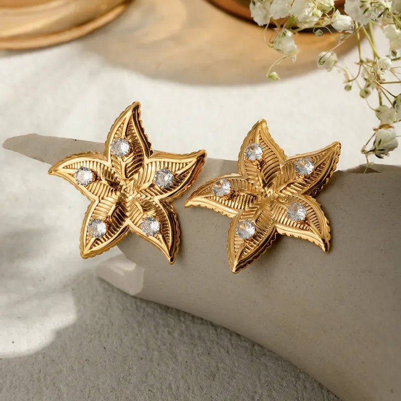 1 Pair Vacation Beach Starfish Plating Inlay 304 Stainless Steel Zircon 18K Gold Plated Ear Studs