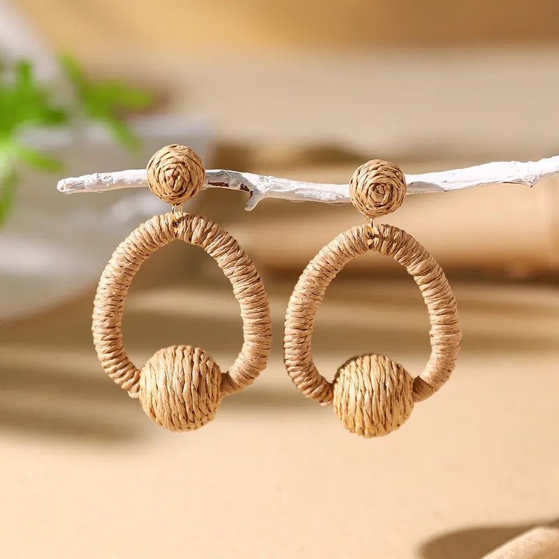 1 Pair Vacation Bohemian Circle Hollow Out Alloy Straw Rattan Drop Earrings