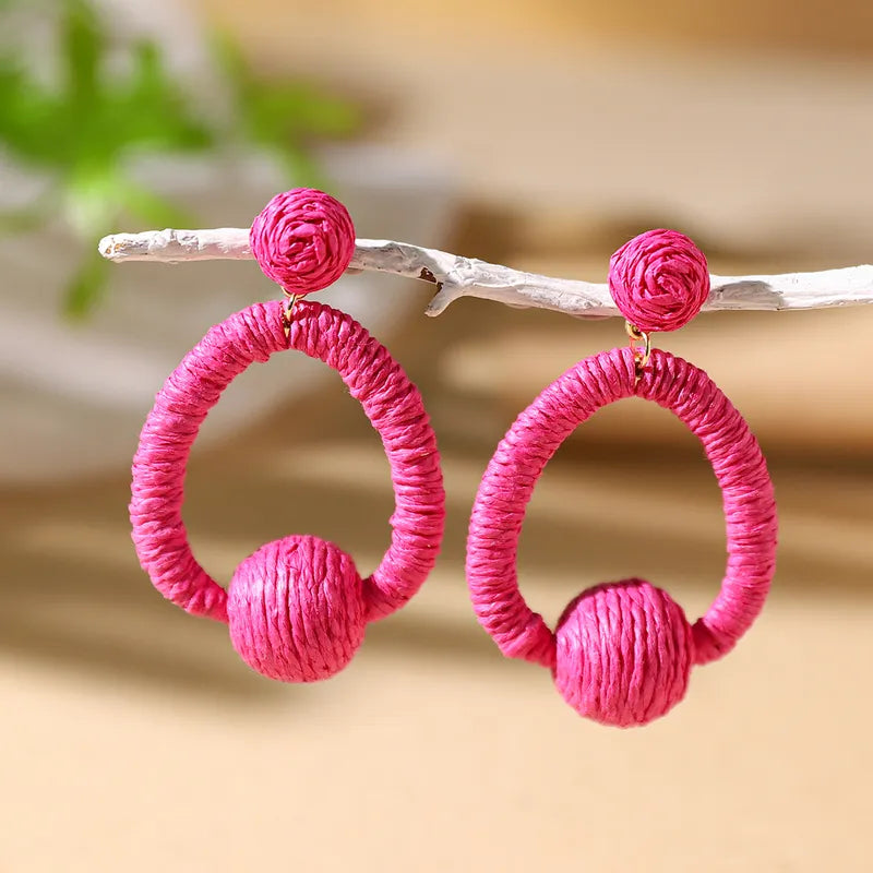 1 Pair Vacation Bohemian Circle Hollow Out Alloy Straw Rattan Drop Earrings