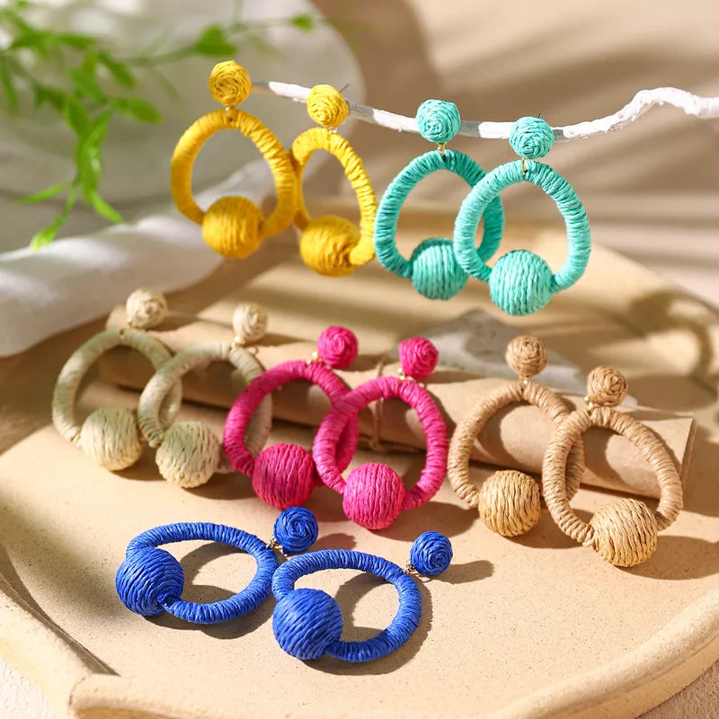 1 Pair Vacation Bohemian Circle Hollow Out Alloy Straw Rattan Drop Earrings