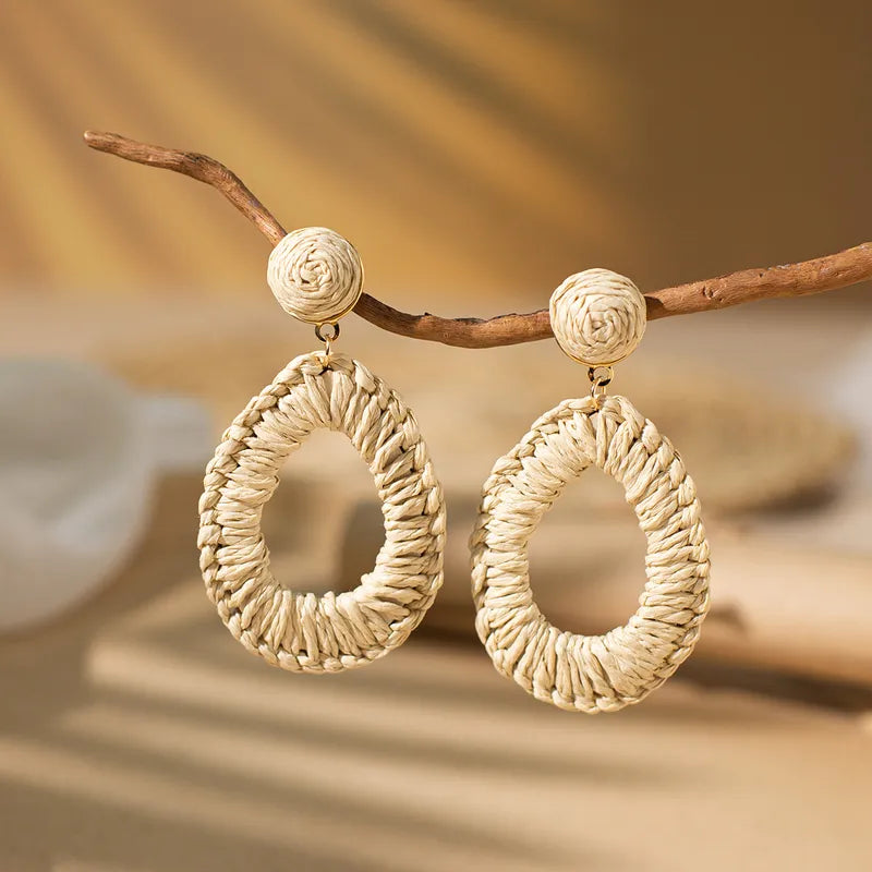 Bohemian Round Square Water Droplets Braid Hollow Out Straw Rattan Drop Earrings