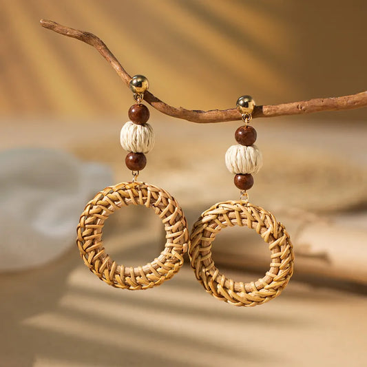 Bohemian Round Square Water Droplets Braid Hollow Out Straw Rattan Drop Earrings