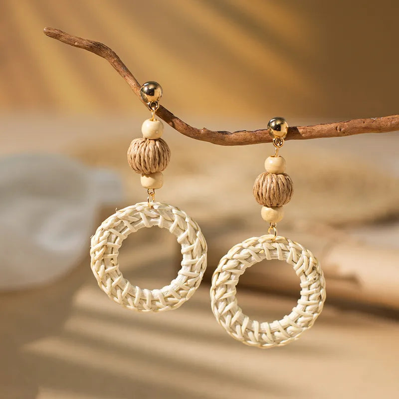 Bohemian Round Square Water Droplets Braid Hollow Out Straw Rattan Drop Earrings