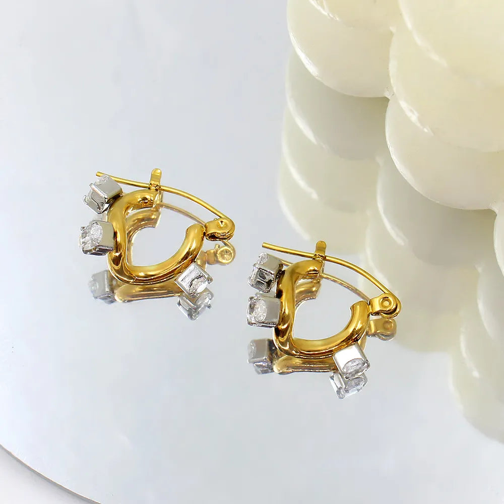 Style Solid Color Plating Inlay 304 Stainless Steel Rhinestones 18K Gold Plated Ear Studs