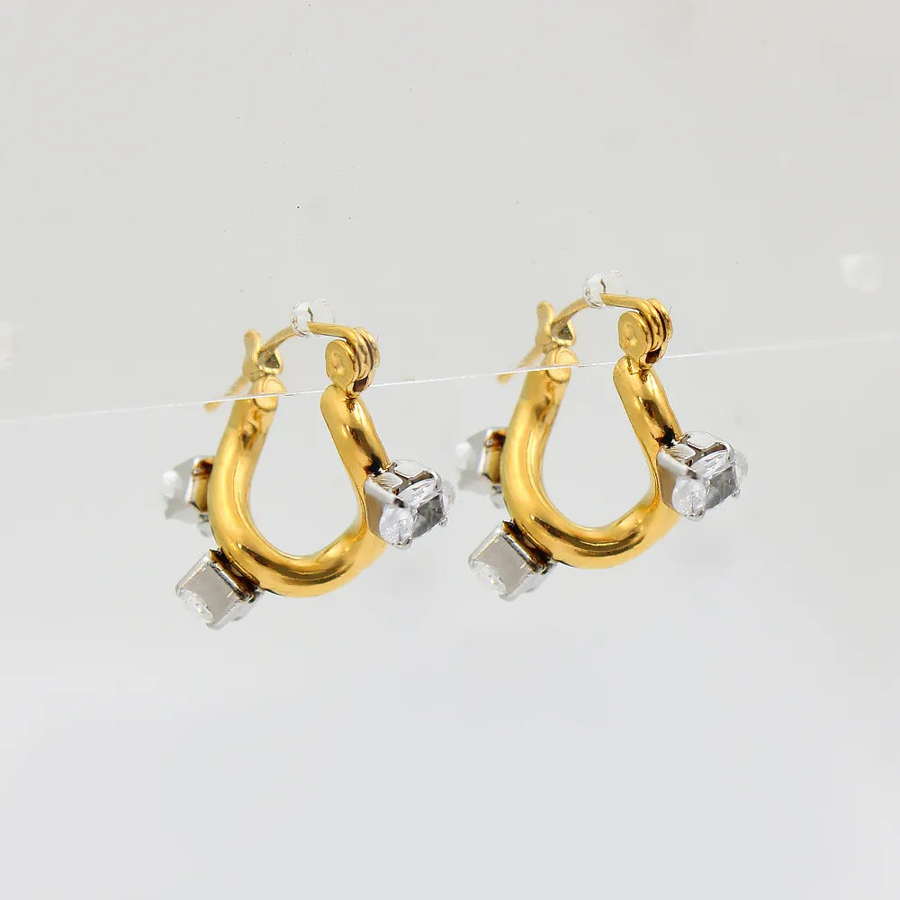 Style Solid Color Plating Inlay 304 Stainless Steel Rhinestones 18K Gold Plated Ear Studs