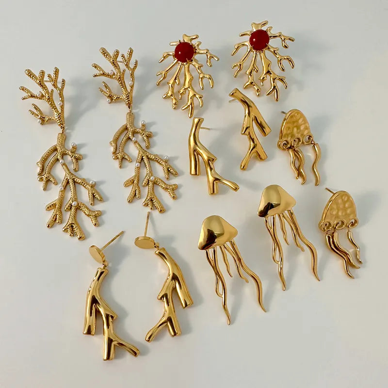 1 Pair Vacation Marine Style Coral Plating 304 Stainless Steel 18K Gold Plated Drop Earrings