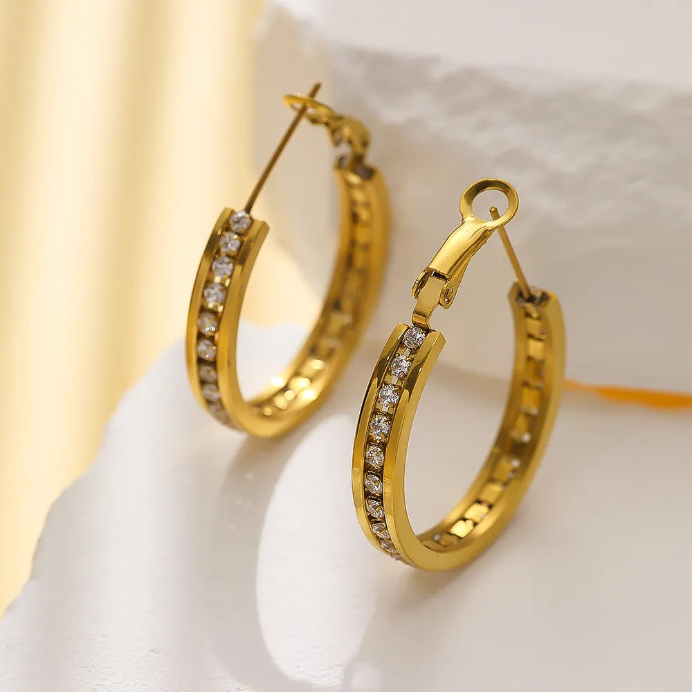 1 Pair Vacation Modern Style Classic Style Geometric Plating Inlay Titanium Steel Rhinestones Zircon 18K Gold Plated Hoop Earrings