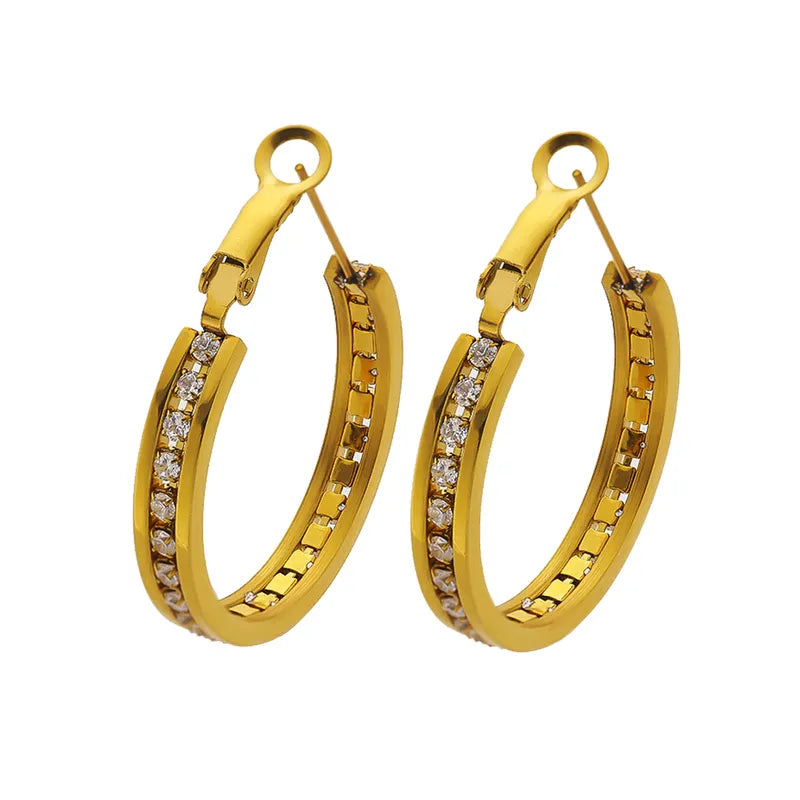 1 Pair Vacation Modern Style Classic Style Geometric Plating Inlay Titanium Steel Rhinestones Zircon 18K Gold Plated Hoop Earrings