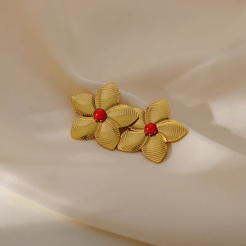 1 Pair Vacation Simple Style Classic Style Flower Inlay 304 Stainless Steel Natural Stone 18K Gold Plated Ear Studs