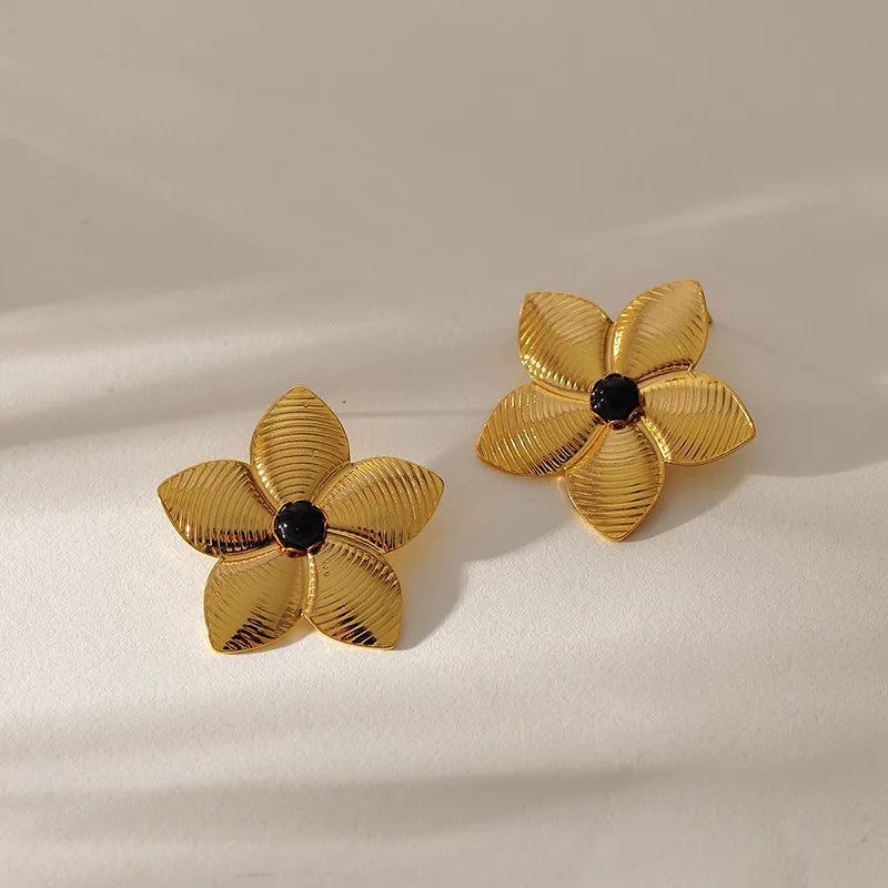 1 Pair Vacation Simple Style Classic Style Flower Inlay 304 Stainless Steel Natural Stone 18K Gold Plated Ear Studs