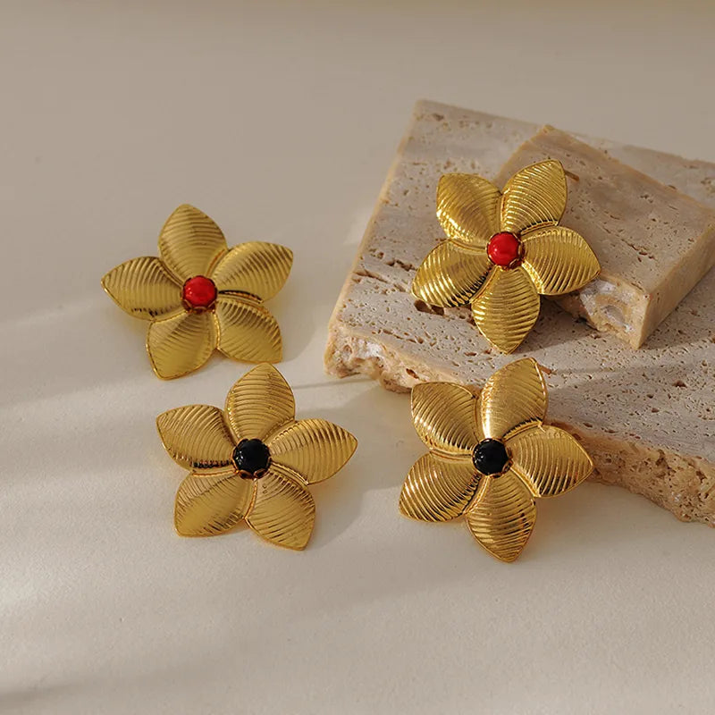 1 Pair Vacation Simple Style Classic Style Flower Inlay 304 Stainless Steel Natural Stone 18K Gold Plated Ear Studs