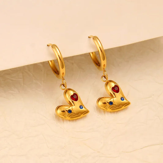 1 Pair Vacation Simple Style Heart Shape Plating Inlay 304 Stainless Steel 316 Stainless Steel Rhinestones 18K Gold Plated Drop Earrings