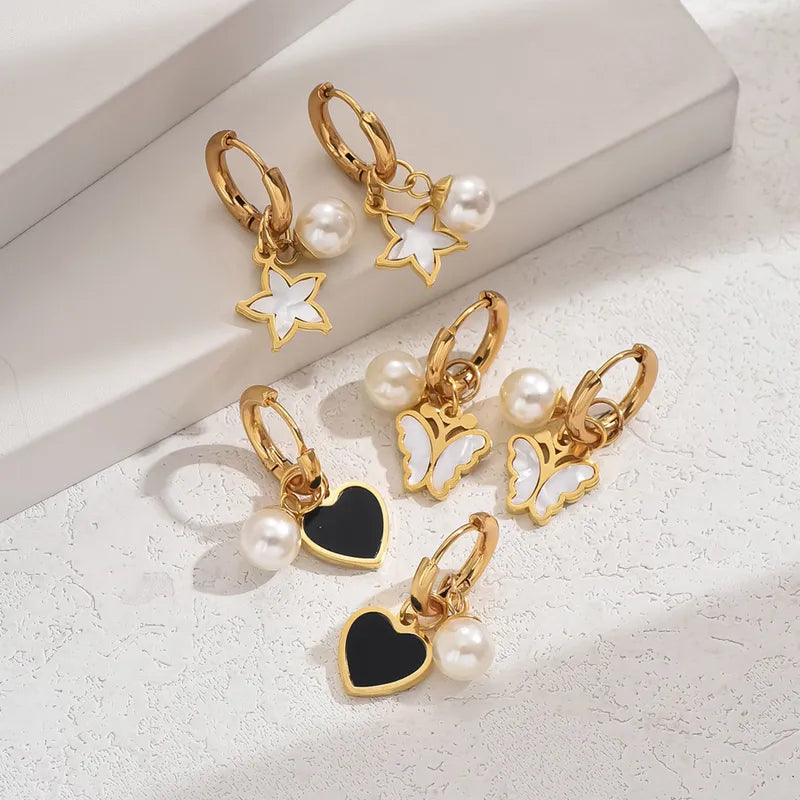 1 Pair Vacation Simple Style Star Heart Shape Butterfly Inlay 201 Stainless Steel Artificial Pearls Shell 18K Gold Plated Drop Earrings