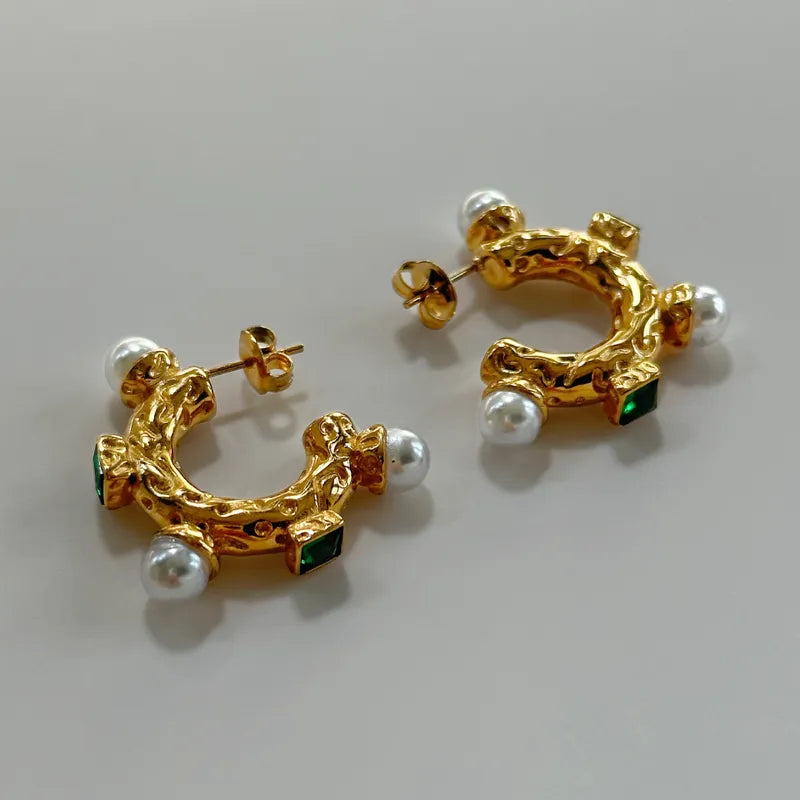 1 Pair Vintage Style Artistic C Shape 304 Stainless Steel Zircon 14K Gold Plated Ear Studs