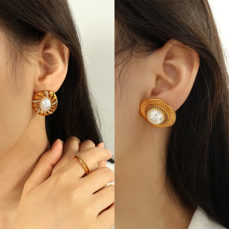 1 Pair Vintage Style Artistic Circle Plating Inlay 304 Stainless Steel Glass Stone 18K Gold Plated Ear Studs