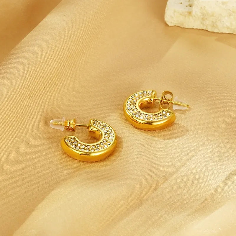 1 Pair Vintage Style C Shape Geometric Inlay 304 Stainless Steel Rhinestones 18K Gold Plated Ear Studs