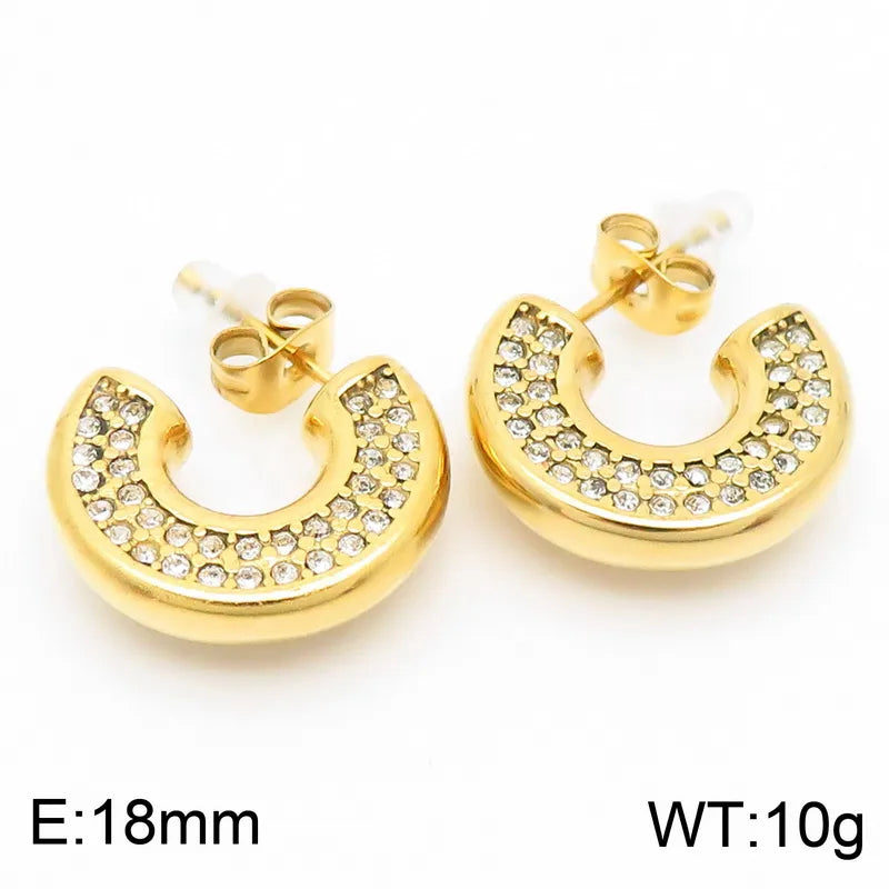 1 Pair Vintage Style C Shape Geometric Inlay 304 Stainless Steel Rhinestones 18K Gold Plated Ear Studs