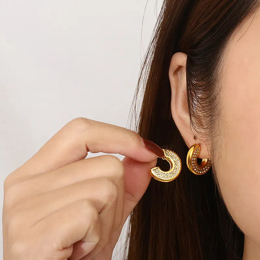 1 Pair Vintage Style C Shape Geometric Inlay 304 Stainless Steel Rhinestones 18K Gold Plated Ear Studs