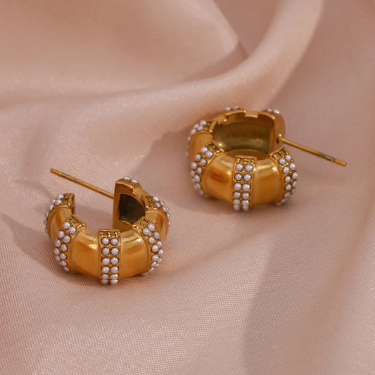 1 Pair Vintage Style C Shape Plating Inlay Stainless Steel Rhinestones Pearl 18k Gold Plated Ear Studs