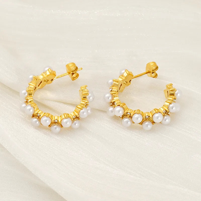 1 Pair Vintage Style Classic Style C Shape 304 Stainless Steel Pearl 18K Gold Plated Ear Studs