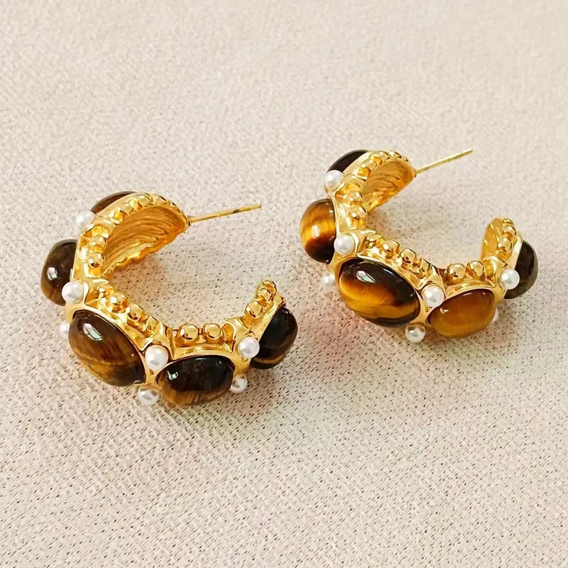 1 Pair Vintage Style Classic Style C Shape Plating Inlay 304 Stainless Steel Artificial Pearls Tiger Eye 18K Gold Plated Earrings