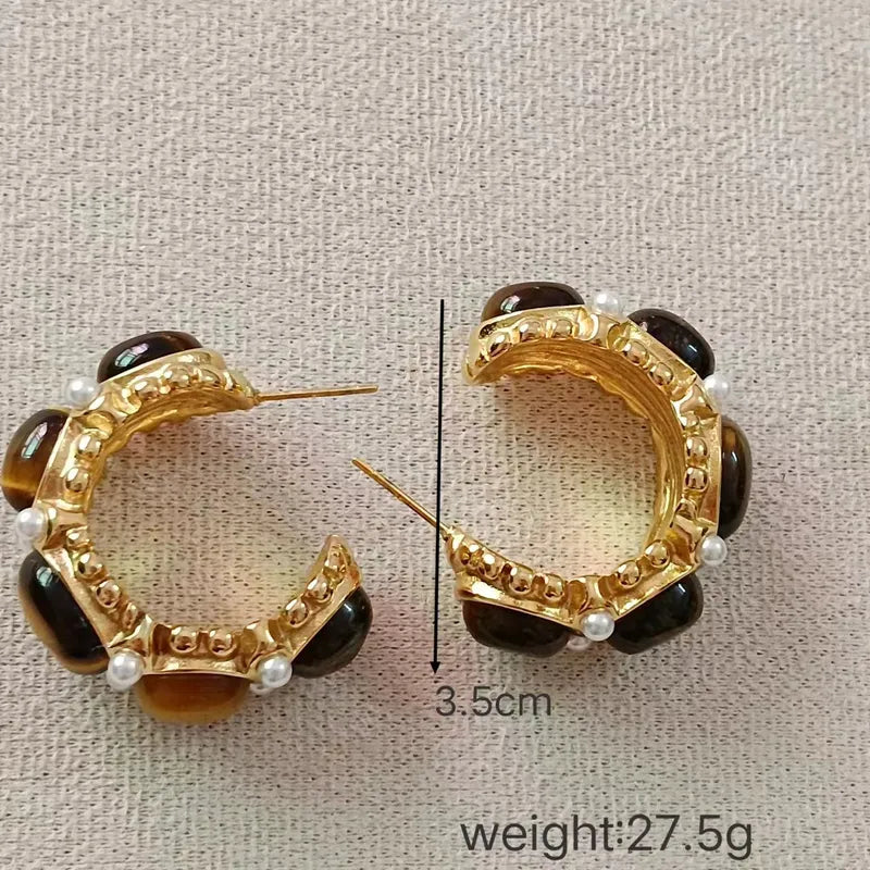 1 Pair Vintage Style Classic Style C Shape Plating Inlay 304 Stainless Steel Artificial Pearls Tiger Eye 18K Gold Plated Earrings