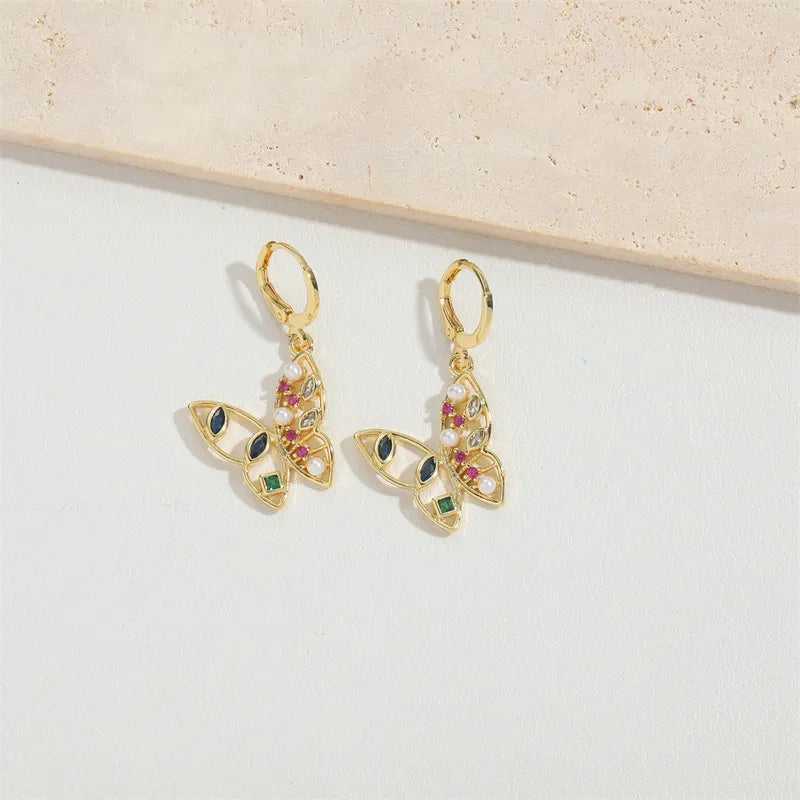 1 Pair Vintage Style Classic Style Moon Butterfly Conical Enamel Inlay Copper Zircon 14K Gold Plated Drop Earrings