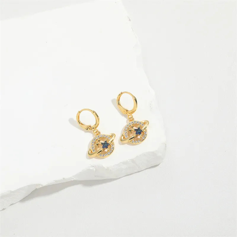 1 Pair Vintage Style Classic Style Star Moon Heart Shape Enamel Inlay Copper Zircon 14K Gold Plated Drop Earrings